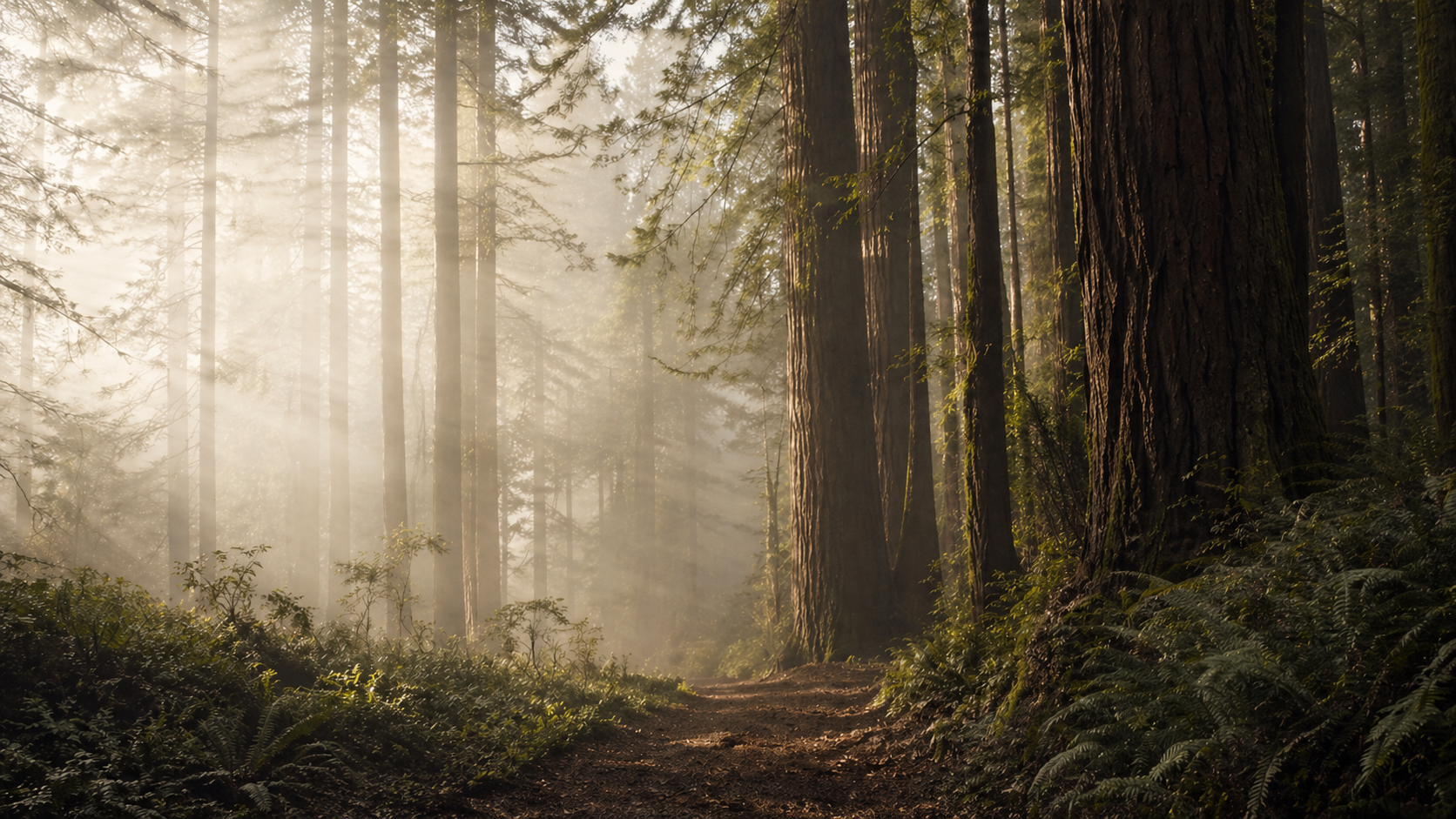 Misty forest trail with morning light filtering through tall evergreen trees